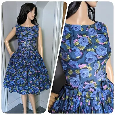 1950s Carnegie Painted Rose Floral Cotton Circle Dress 50s S 6 8 36 • £39