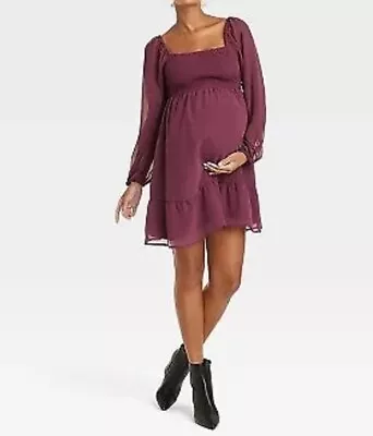 Women’s Isabel Maternity Long Sleeve Chiffon Mini Dress Burgundy XS NWT • $16.99