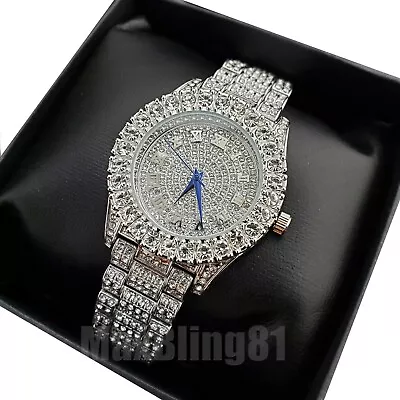 Women's Hip Hop Iced Silver Plated Bling Lab Diamond Metal Band Fashion Watch • $27.99