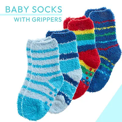 2 Pairs Baby Boys Fluffy Slipper Socks Non Slip Newborn Toddler Winter Bed Socks • £4.99