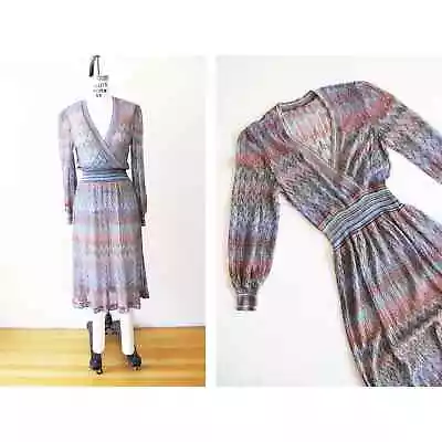 Vtg 70s Missoni Style Knit Dress S  Chevron Stripe Long Sleeve Plunge Neck Midi • $135