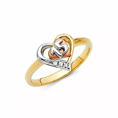 Dainty Heart CZ 15 Años Quinceañera 10mm 14k 3Tone Gold Ring Corazón Oro Anillo • $291.98