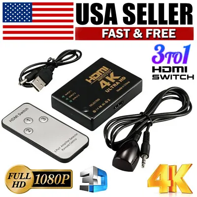 HDMI Switch 4K Splitter 3 Port Selector Switcher Hub IR Remote HDTV 3 In 1 Out • $11.59