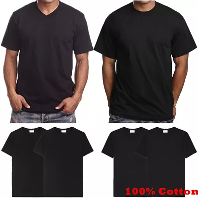 Mens 100% Cotton Thick Casual T-Shirt Black Short Sleeve Tee Crew Neck V-Neck • $9.99