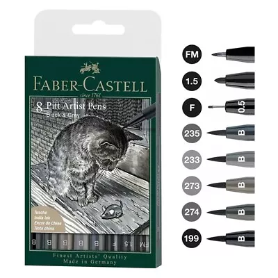 FABER-CASTELL PITT Artist Pen Set Of 8 Black & Greys • $19.99