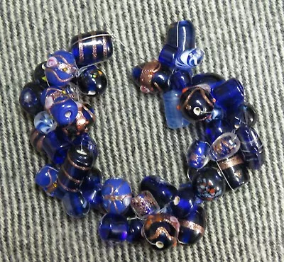 Lot Of 49 Cobalt Blue & Gold Venetian Murano Handmade Glass Beads • $29.99