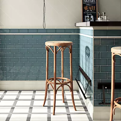 TILE SAMPLES: Pimlico RIver Blue Crackle Glazed Wall Tiles 7.5 X 15cm • £1.50