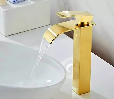 Gold Basin Mixer Sink Taps Square Waterfall 304SUS Tall Bathroom Faucet • $77.08