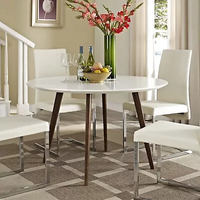 Retro Mid-Century Modern Round White Fiberboard Wood Leg Dining Table • $536.45