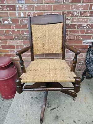 Vintage Bankers Desk Chair Woven Wicker Swivel Rolling Solid Oak • $289.99