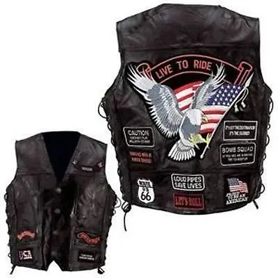 $46.99 • Buy Mens Black Leather Biker Motorcycle Harley Rider Chopper Vest 14 Patches Eagle