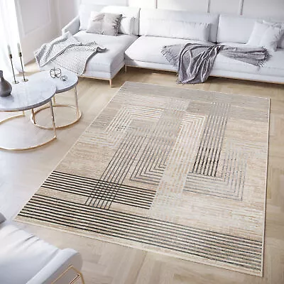 Modern Geometric Area Rug Stripes Lines 3D Effect Living Room Bedroom Carpet Mat • £49.99