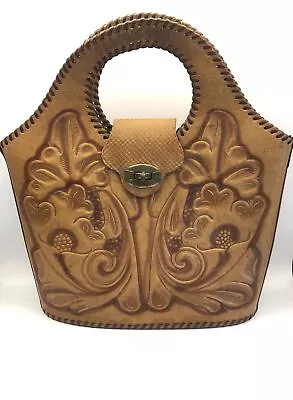 VINTAGE Leather Hand Tooled Bucket Bag/Horse Bag 12” X 11” 1970s Nice! • $25