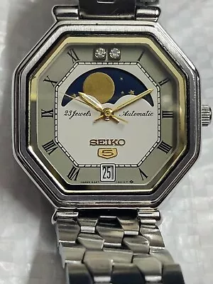 Vintage SEIKO Automatic Moon Phase Ref 6347 5010 Stainless Steel Coffin Link • $430