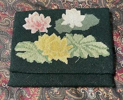 Vintage Handmade Needlepoint Clutch Dark Green With Roses Fold Over Closure • $9.99