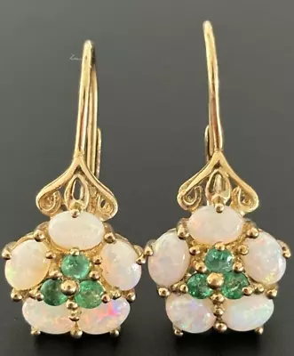 9ct 375 Yellow Gold Opal & Emerald Creole Cluster Earrings C.2001 • £240