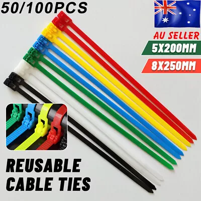 5MM/8MM Cable Ties Zip Nylon Plastic Releasable Reusable Wraps Ratchet Wire AU • $3.99