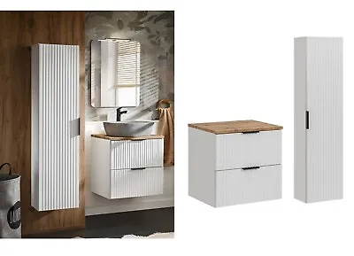 Bathroom Vanity Countertop Set 60cm Ribbed White/Oak Effect Wall Hung Units Adel • £494.95