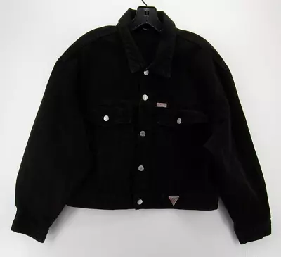 VINTAGE Guess Jacket Men Large Black Trucker Denim Moto Grunge Crop 90s USA • $44.99