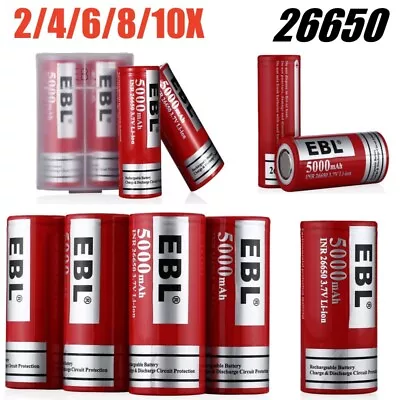 2-10 Packs EBL 26650 Batteries  Rechargeable Battery 5000mAh Flat Top Battery UK • £16.99