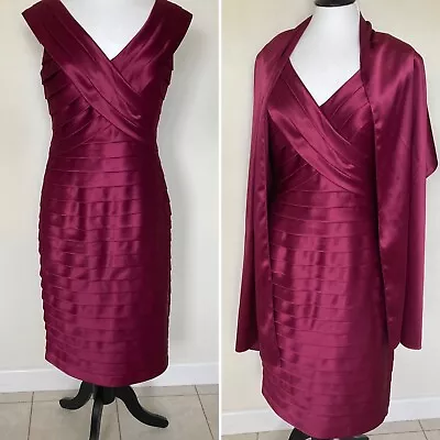 ☆MICHAELA LOUISA ~ Fabulous Deep Raspberry Satin Feel Dress & Wrap Size 12☆ • £45.99