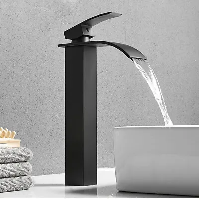 Matt Black Square Waterfall Tall Bathroom Faucet SS Basin Mixer Sink Taps • $74.26