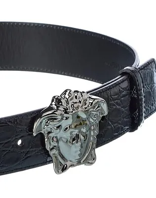 Versace La Medusa Croc-Embossed Leather Belt - Size 38in 95cm - Black • $200