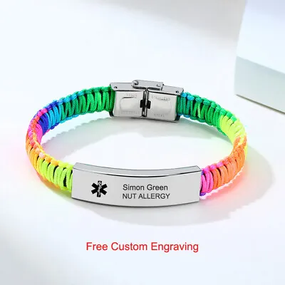 Women Men Personalized Medical Alert ID Bracelet Braided Wristband Free Engraved • £8.99