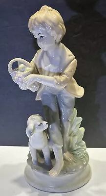 Vintage Girl W Lamb & Basket Glazed Ceramic Porcelain Figurine 7.25  - EUC • $9.99