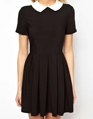£16.99 • Buy Womens Black Peter Pan Collar Short Sleeve Pleated * Skater Block Mini Dress 