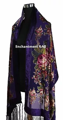 Elegant 100% Silk Burnout Velvet Vintage Floral Oblong Scarf Shawl Wrap Purple • $27.99