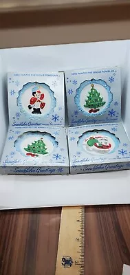 Four Snowflake Greetings Hand Painted Fine Bisque Porcelain Vintage Ornaments • $12