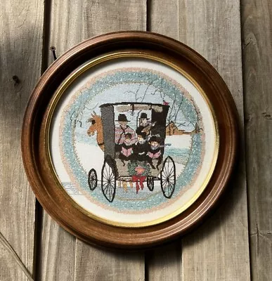 Buckley Moss Stitchery Amish Christmas Wreath Circle Brown Gold Wood Frame Decor • $100