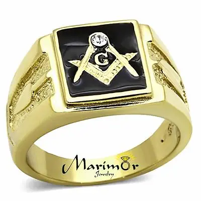 Men's Stainless Steel 14k Gold I.P. Crystal Masonic Lodge Freemason Ring Sz 8-13 • $16