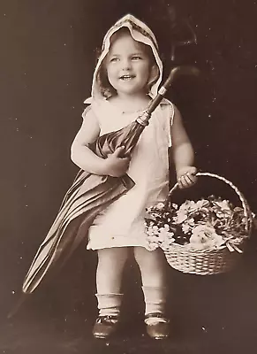 Vintage Postcard RPPC Young Girl Portrait Smiling W/ Basket Of Flowers &Umbrella • $1.95