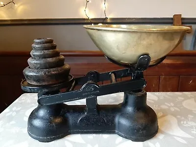 £39 • Buy Vintage Salter Black Cast Iron Kitchen Weighing Scales & Weights Set & Brass Pan