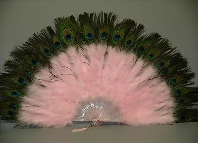 MARABOU FEATHER FAN - LIGHT PINK W/ Peaock 24  X 14  Burlesque/Costume/Halloween • $35.99