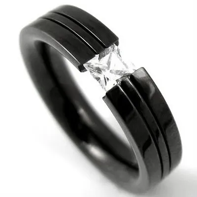 Black Plated TITANIUM Solitaire TENSION RING With 4mm CZ & Accent Band Size 13 • $17.28