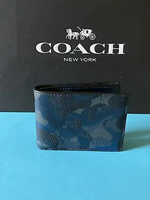 NWT Coach Slim Billfold Wallet With Camo Print Blue/Midnight Navy Leather • $98