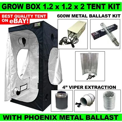 Grow Box Tent Starter Kit 1.2m 16mm 600W Metal Ballast Light Kit 4  Extraction  • £187.99