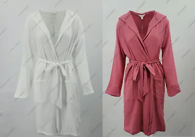 Ladies Ex Marks And Spencer Pure Cotton Muslin Hooded Dressing Gown Pink White • £14.99