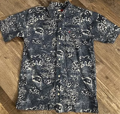 VINTAGE Tommy Hilfiger Shirt -Mens Medium Blue Floral Hawaiian Beach • $26.98