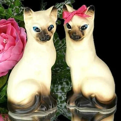 Siamese Cat Figurines 50s Blue Eyes Pink Bow Kittyy Victoria Ceramics Japan Set • $68.31