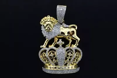 14K Yellow Gold Plated 2Ct Round Real Moissanite King Crown Lion Men's Pendant • $134.99