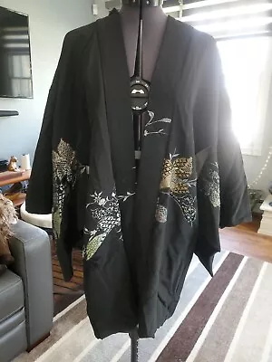  Silk Kimono  Japanese Haori Jacket Vintage Black Gold Silver Hand  Woven #4 • $35