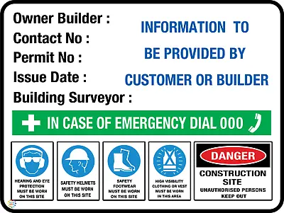 Owner Builder Construction Site Safety Sign - Various Sign & Substrate (bd01) • $36.29