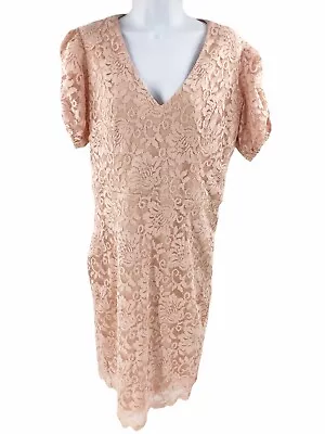 Marina Lace Dress Women 10 Pink Short Puff Sleeve V-Neck Scalloped Hem • $14.22