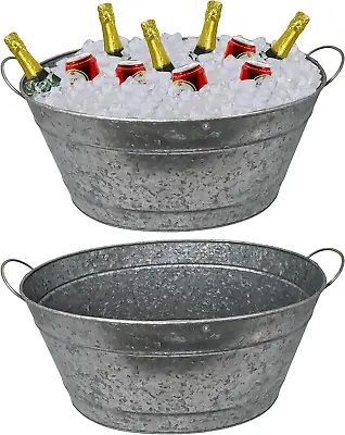 2 Pack Galvanized Metal 8 Gallon Oval Ice Bucket With Handles Beverage Holder T • $95.99