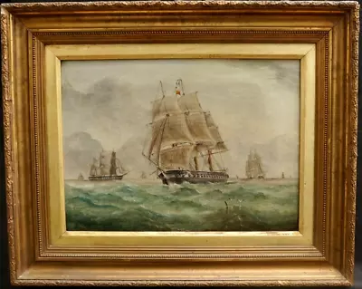 19th Century MAN O WAR & OTHER SHIPPING IN CHOPPY WATERS ANTIQUE OIL Painting • $385.81