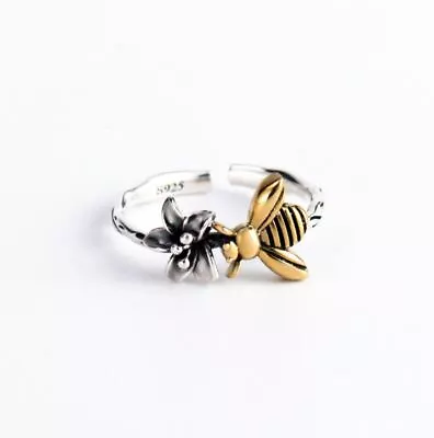 925 Sterling Silver Vintage Honey Bee Flower Adjustable Open Band Ring Gift Box • $13.95